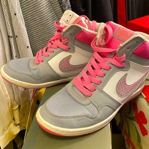 Nike sky high Air Force 1s, wedge heel {pink and gray, size 8US)